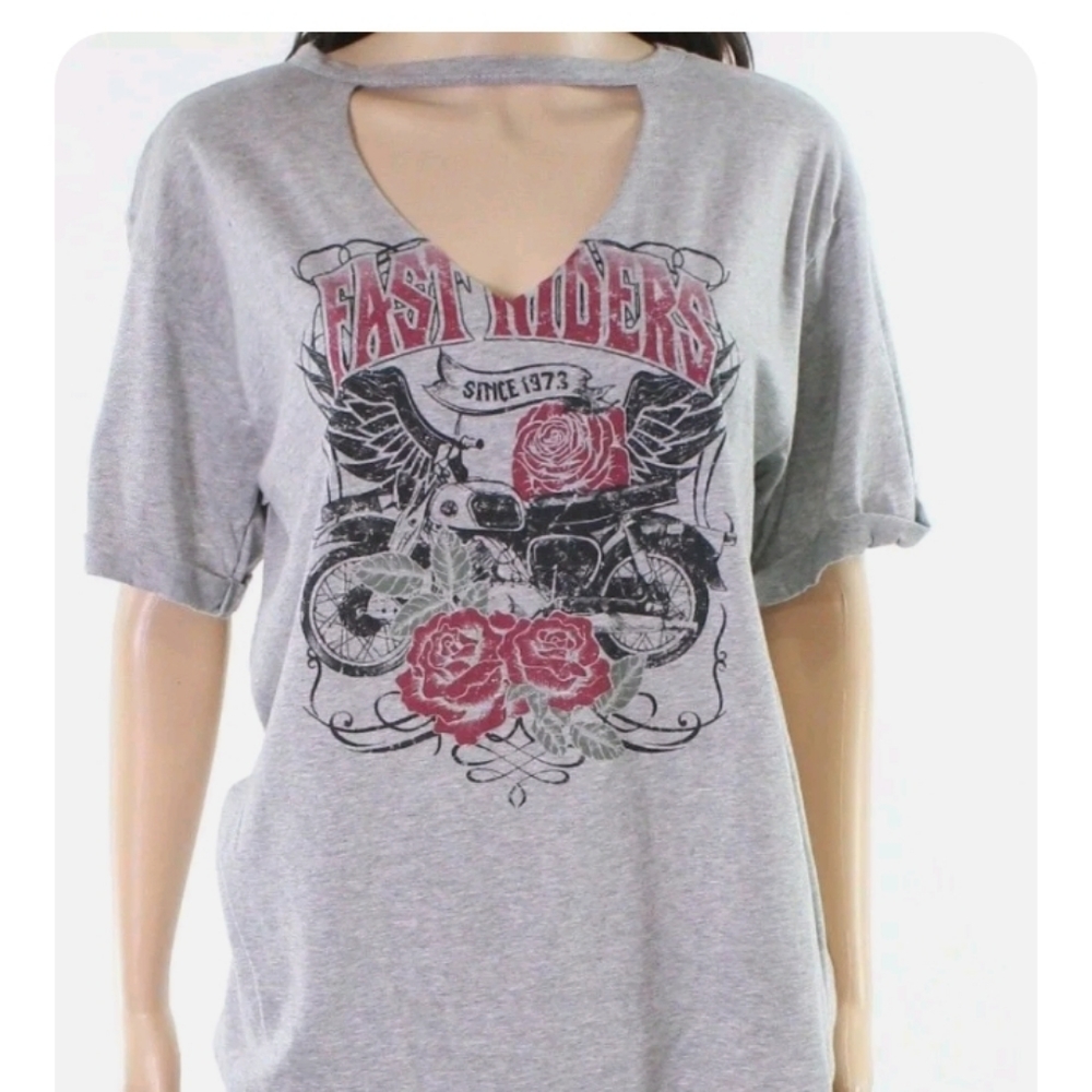 H.I.P. New Graphic Cutout Choker Shirt "Fast Riders" Made in USA S, Gray